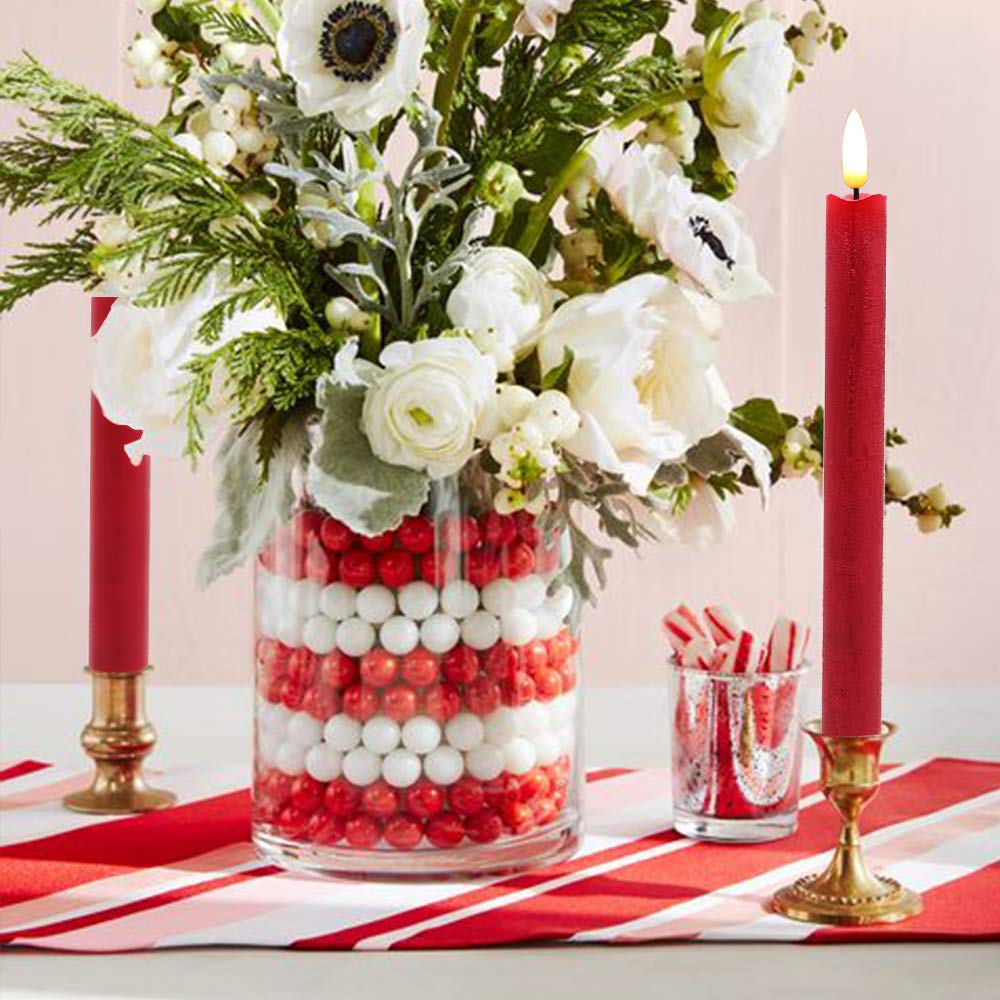 Lasumora Red Flameless Taper Candles Battery Operated Flickering with 6H Timer, 3D Wick LED Taper Candles Real Wax Candlesticks, Party Christmas Home Decor 6 Pack 9.6" Christmas Red