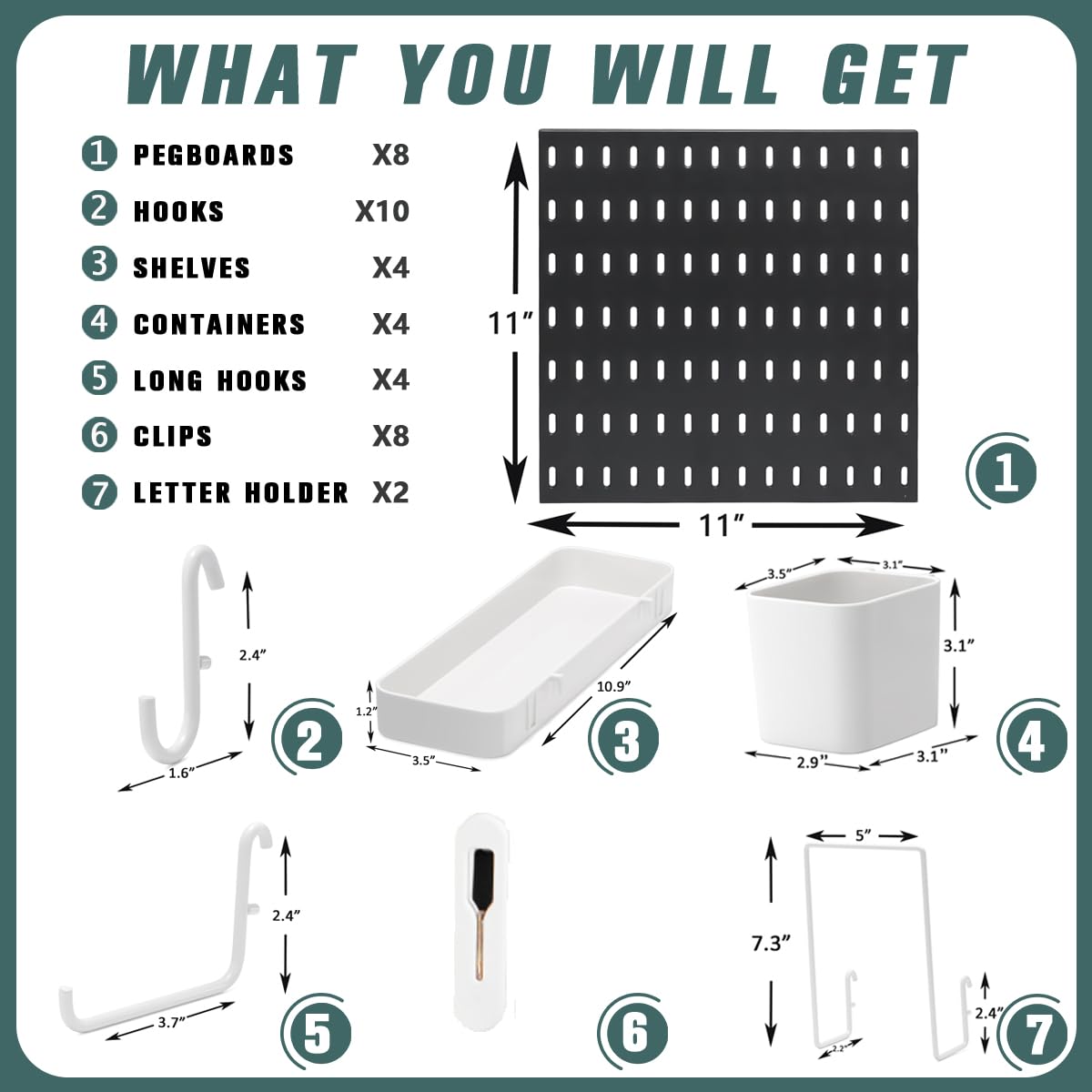 MULSAME Pegboard Combination Kit, Wall Mounted Storage Set with 8 Pegboards & 32 Accessories Hanging, Black Peg Boards Organizer for Walls Display, Crafts Organization, Kitchen Organizer, 22" x 44"