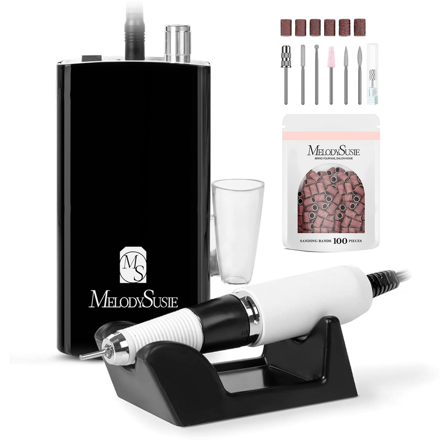 MelodySusie Professional Nail Drill, 30000 RPM Rechargeable Portable Nail Drills, Cordless Electric Nail File Machine with Bits Kit and 106 Sanding Bands, SC300I Black