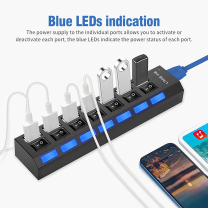 Multi Port Splitter, 7 Port USB 2.0 Hub, USB A Port Data Hub with Independent On/Off Switch and LED Indicators, Lights for Laptop, PC, Computer, Mobile HDD, Flash Drive and More (Black 2.0)
