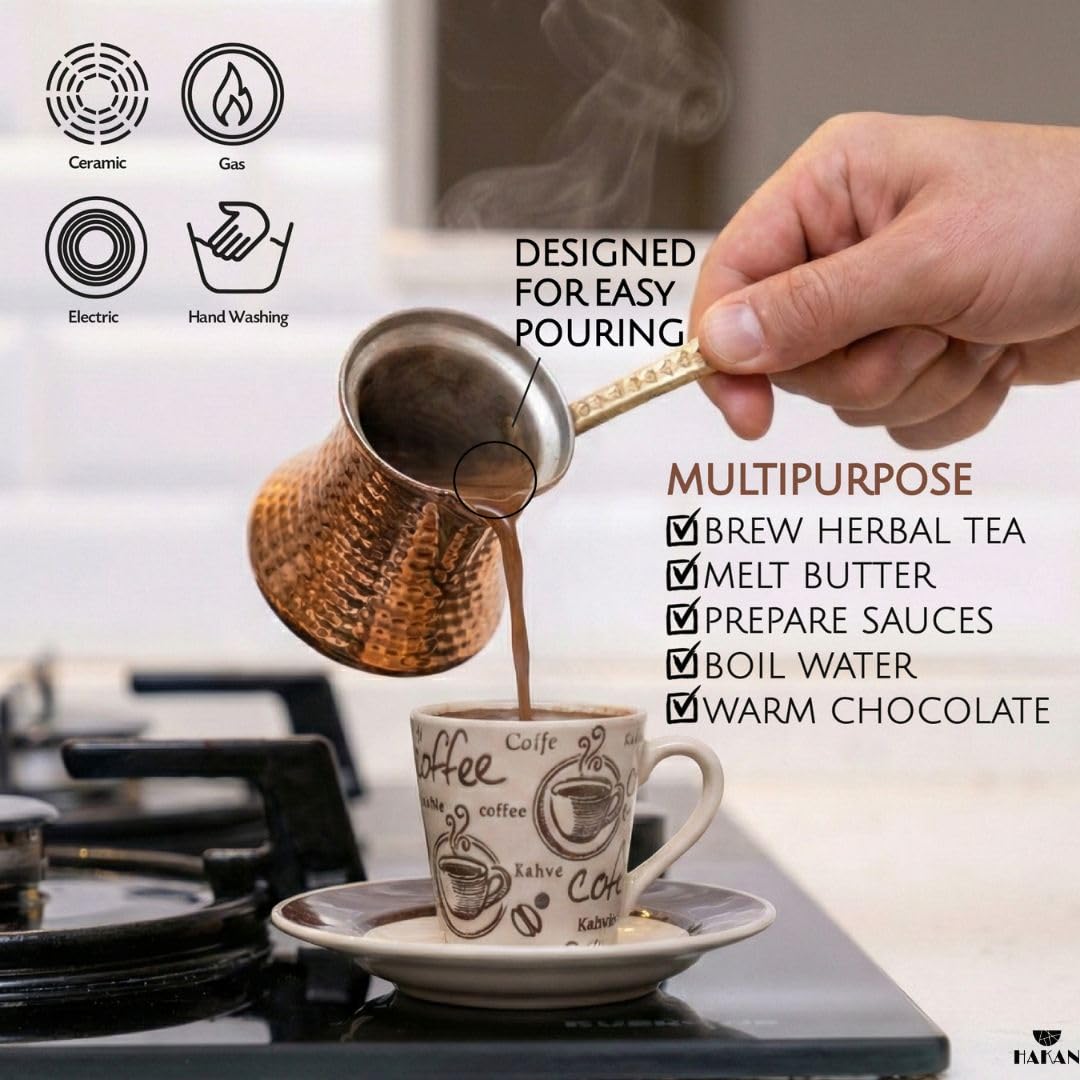 Hakan Turkish Coffee Pot | Stove Top Water Boiler, Coffee Maker, Butter, Chocolate & Milk Warmer | Even and Quick Heat with Handcrafted Copper Material | Coffee Gifts Idea, 8.3 Oz (245 cc)