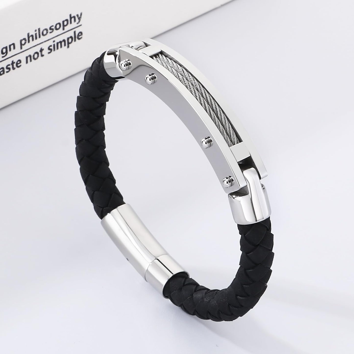 Azubpi Black Braided Leather Bracelet for Men, Stainless Steel Push-In Clasp Casual Fashion Jewelry Gift for Him