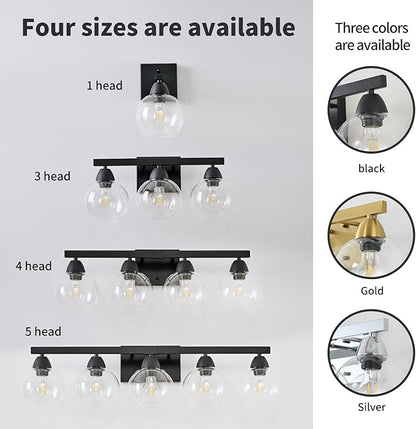 5-Light Bathroom Light Fixtures, Black Vanity Light with Premium Hand-Blown Glass Shades, Ultra-Clear & Impact-Resistant, Wall Lamp for Mirror, Living Room, Kitchen