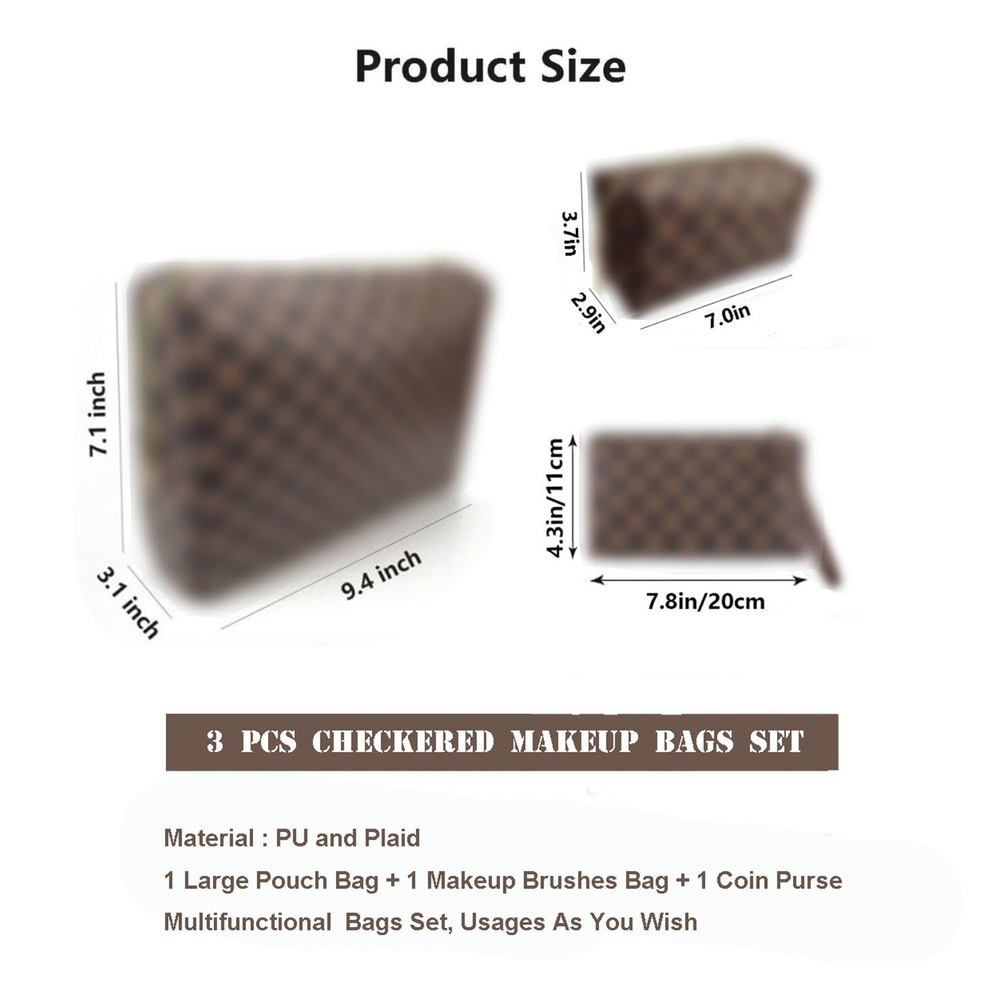 bopomofo Brown Checkered Cosmetic Bag 3 Pack,1 Big Pouch,1 Makeup Brushes Holder, 1 Coin Purse,Portable Travel Makeup Bag Set Lightweight and Waterproof Storage Bag Organizer (Brown Checkered 3 Pcs)