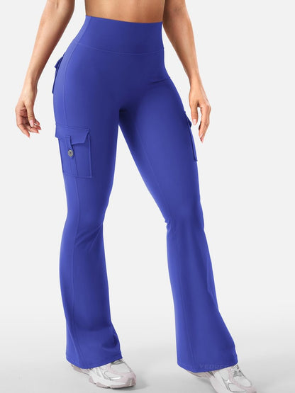 YEOREO CoreFlex Women Workout Flare Leggings with Pockets Hidden Scrunch High Waisted Cargo Gym Yoga Leggings Dazzling Blue S