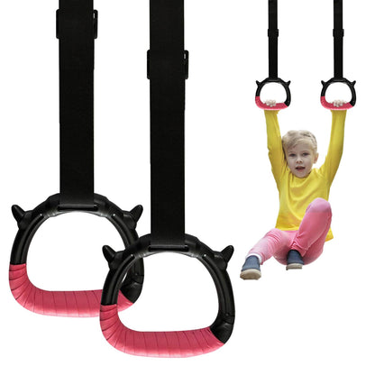 Tepemccu Gymnastics Rings for Kids, Pull Up Rings with Adjustable Straps for Children Home Gym Strength Training (Pink)