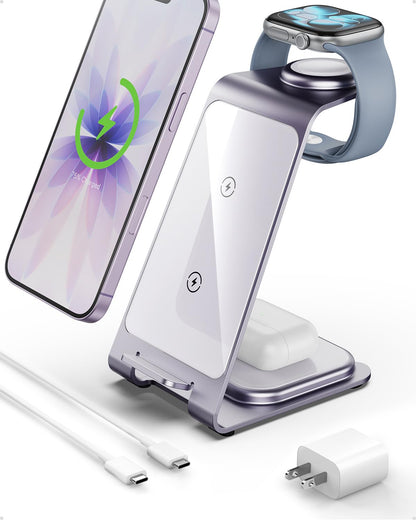 Intoval 3 in 1 Wireless Charging Station for iPhone 17 16 15 14 13 12 11 X Pro Max, Wireless Charger for Apple Watch Ultra 3 SE 9 8 7 6 5 4 3 2, for AirPods 4 Pro Pro 2 3 (Y93, Grey)