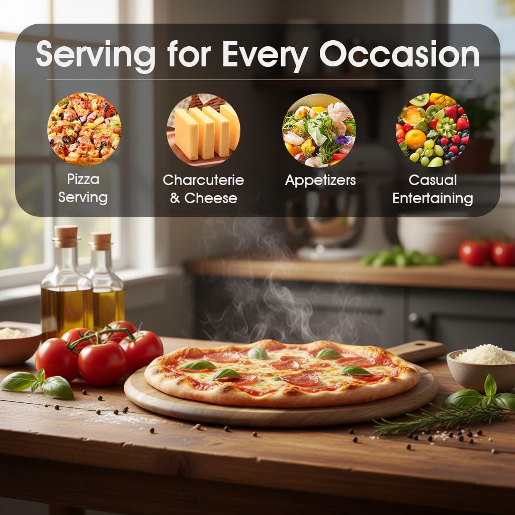GleeNflux 12" Acacia Wood Pizza Board & Cutting Board Set with Pizza Cutter, Round Wooden Serving Tray/Charcuterie Platter for Cheese, Appetizers & Entertaining, Rustic Housewarming Gift