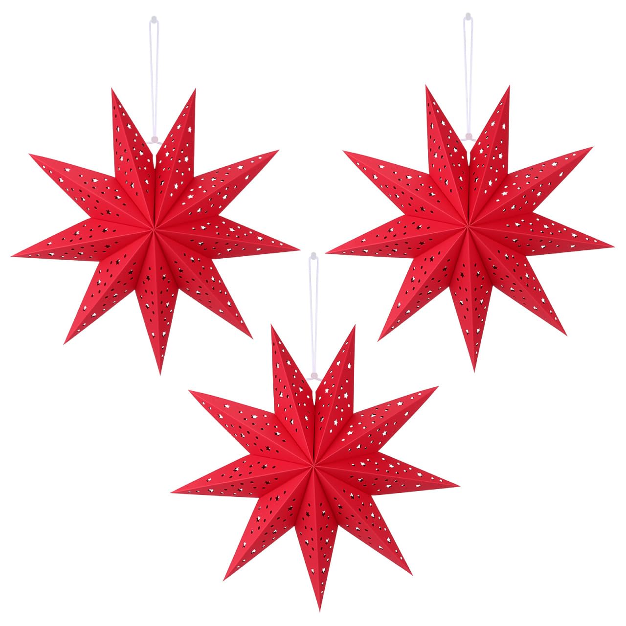 CALLARON 3Pcs Paper Star Lantern, Paper Christmas Decorations, Hanging Star Lantern, 9 Pointed Christmas Stars Lampshade, Foldable Red Lampshade Decor for Christmas, Wedding, Holiday Party, 14inch