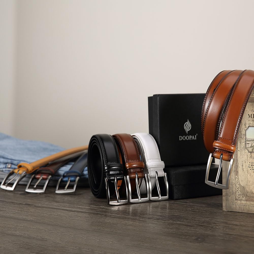 DOOPAI Men's Genuine Leather Dress Belt 2Pack - Handmade Classic Casual and Business Belt, 100% Cow Leather Prong Buckle,
