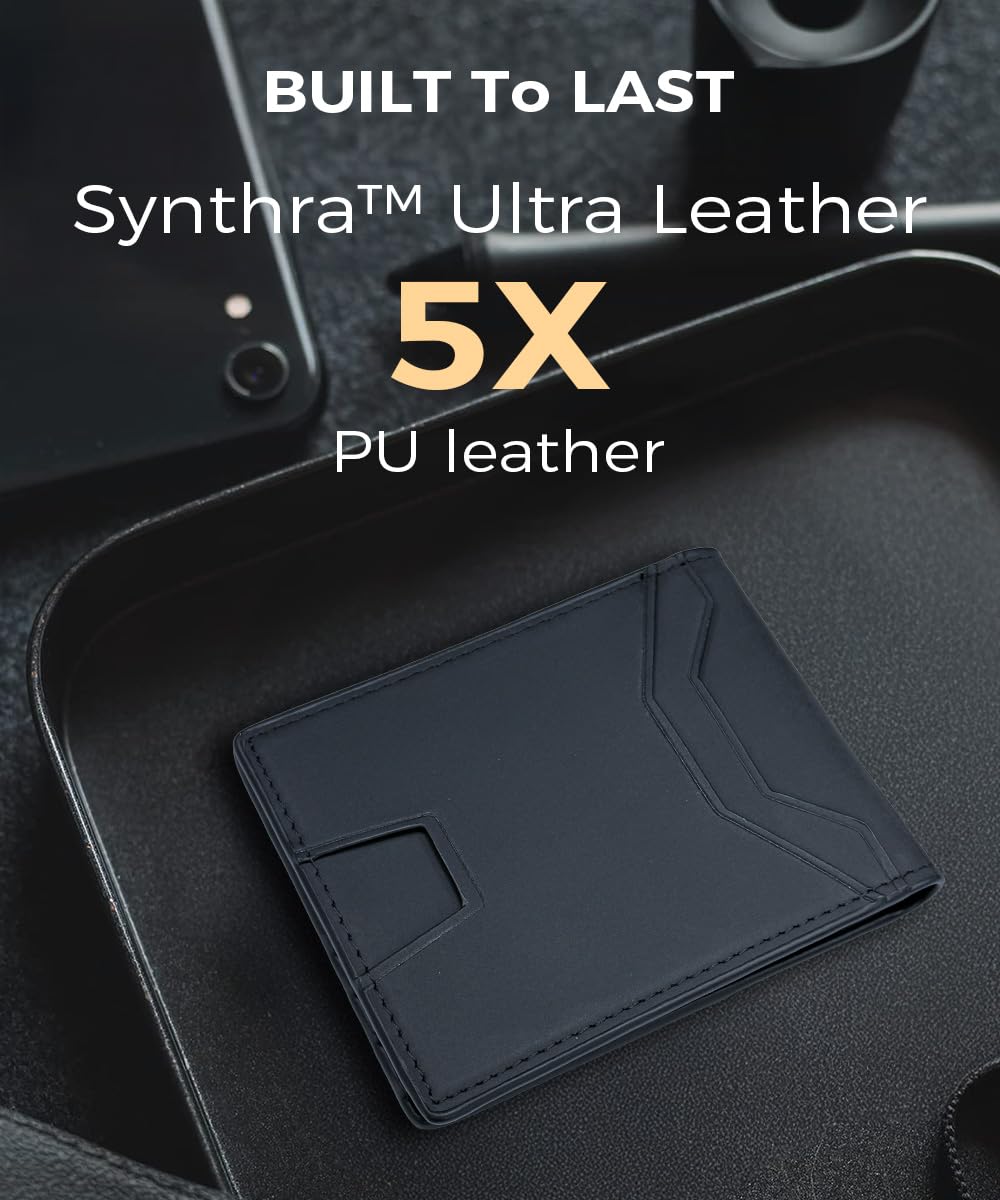 7worldlet Slim RFID Blocking Wallets for Men Synthra™ Ultra Leather Bifold Minimalist Wallet 11 Cord Holder Thin Mens Wallet with Gift Box (Black+Black)