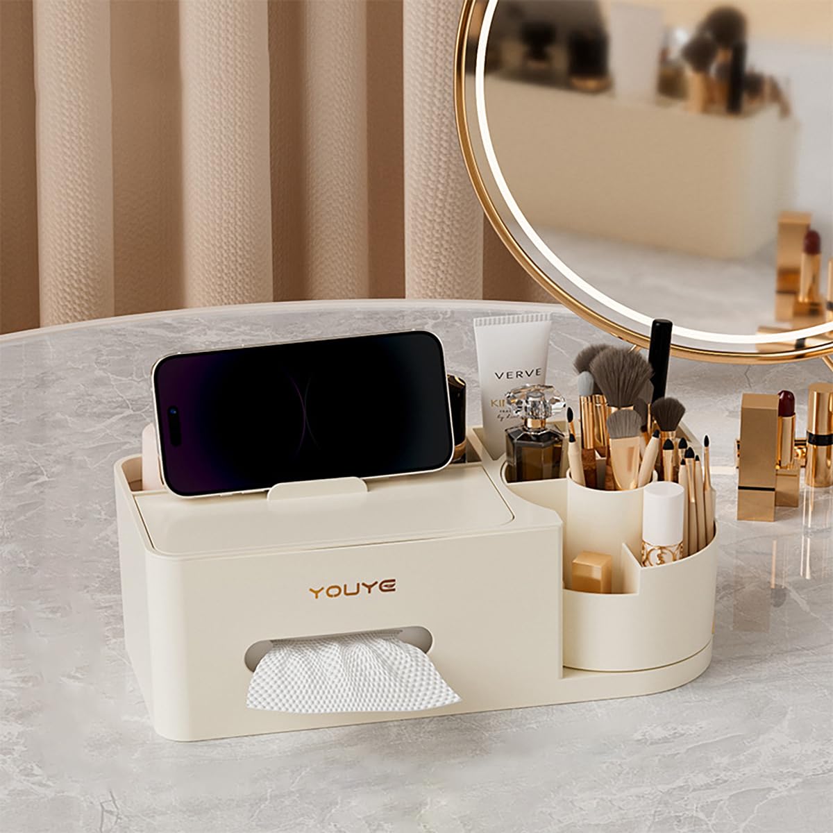Aiabaleaft Multifunctional Organizer Rotating Brush Holder Makeup Organizer With Tissue Box for Study Table Living Room Dressers Home Office (White)