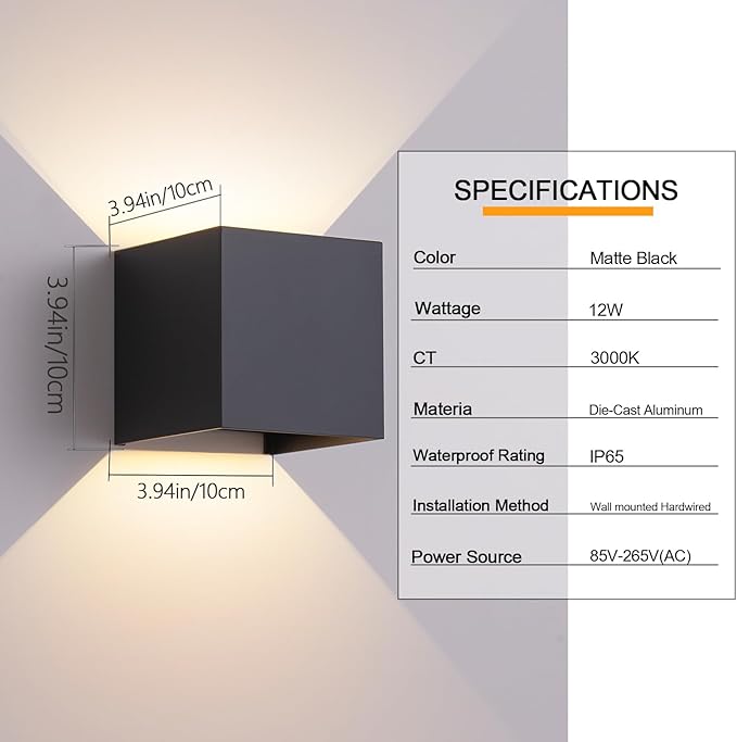4 Pack Outdoor Wall Sconces Exterior/Interior LED Wall Lights,Square Modern Wall Sconce Fixture Set, Up and Down Lights IP65 Outdoor Waterproof Lights, 12W Warm Light 3000K Wall Light.