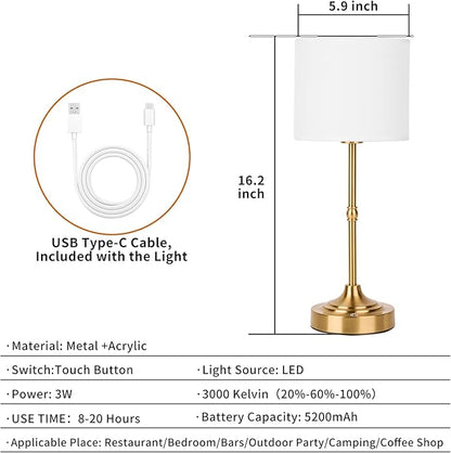 Rechargeable Cordless LED Table Lamp Fabric Shade Desk Lamp, 3-Level Dimmable Touch Control, 5200mAh, Patio Table Lamp, Bedside Night Lamp, Ambient Light for Restaurant.(Gold)