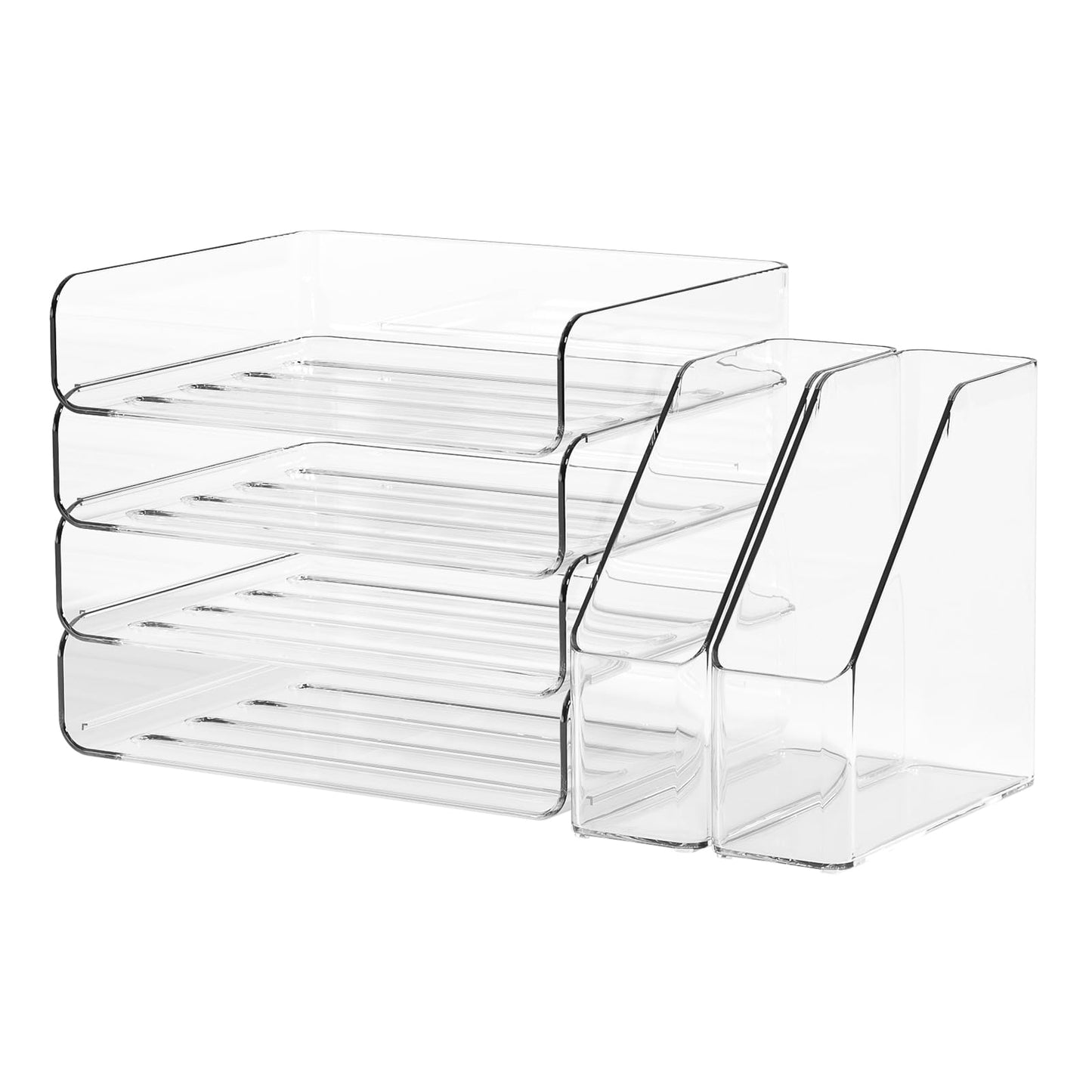 FANXIYQ 4-Tier Horizontal Acrylic Paper Tray Organizer with Bookends | Clear Stackable Desk Organizer for Documents, Letters, A4 Paper | Modern Office/Classroom/Home Organization