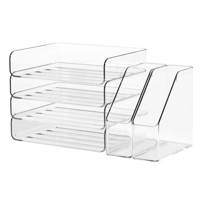 FANXIYQ 4-Tier Horizontal Acrylic Paper Tray Organizer with Bookends | Clear Stackable Desk Organizer for Documents, Letters, A4 Paper | Modern Office/Classroom/Home Organization