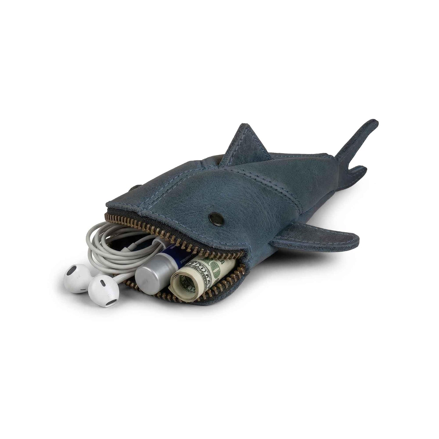 Hide & Drink, Small Shark-Shaped Pouch, Leather Coin Purse, Small Charger Cable Holder, Change Bag, Zippered Cable Case, Purses & Pouches for Cash, Tiny Travel Carrier