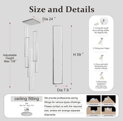 Flashing God Modern Chandelier,6 Ring Led Foyer Chandeliers,Larger High Ceiling Chandelier for Living Room,Rectangle Chandeliers for Entryway Staircase LED Dimming 2700k-6000k