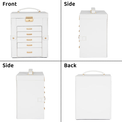 AKOZLIN 6-Tier Jewelry Box Lockable Leather Jewelry Storage Case with 5 Drawers for Women Girls Ring Necklace Earring Bracelet Holder Organizer with Mirror