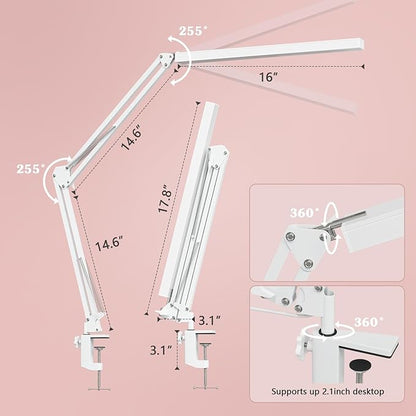 LED Desk Lamp, Manicure Table Lamp, 16" Lamp Head, Dimmable Eye-Caring Drafting Light with 3 Color Modes, 10 Brightness Levels & Adapter, Memory Function(White)