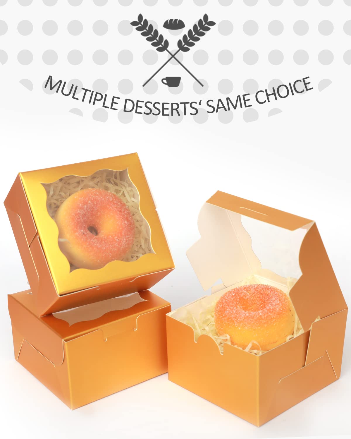 Bakery Box with Window 4*4*2.5inch/55Packs Gold Macaron Boxes Small Donut Pastry Boxes for Party Mini Cookie Boxes qiqee(5 Diferent Gift Include)