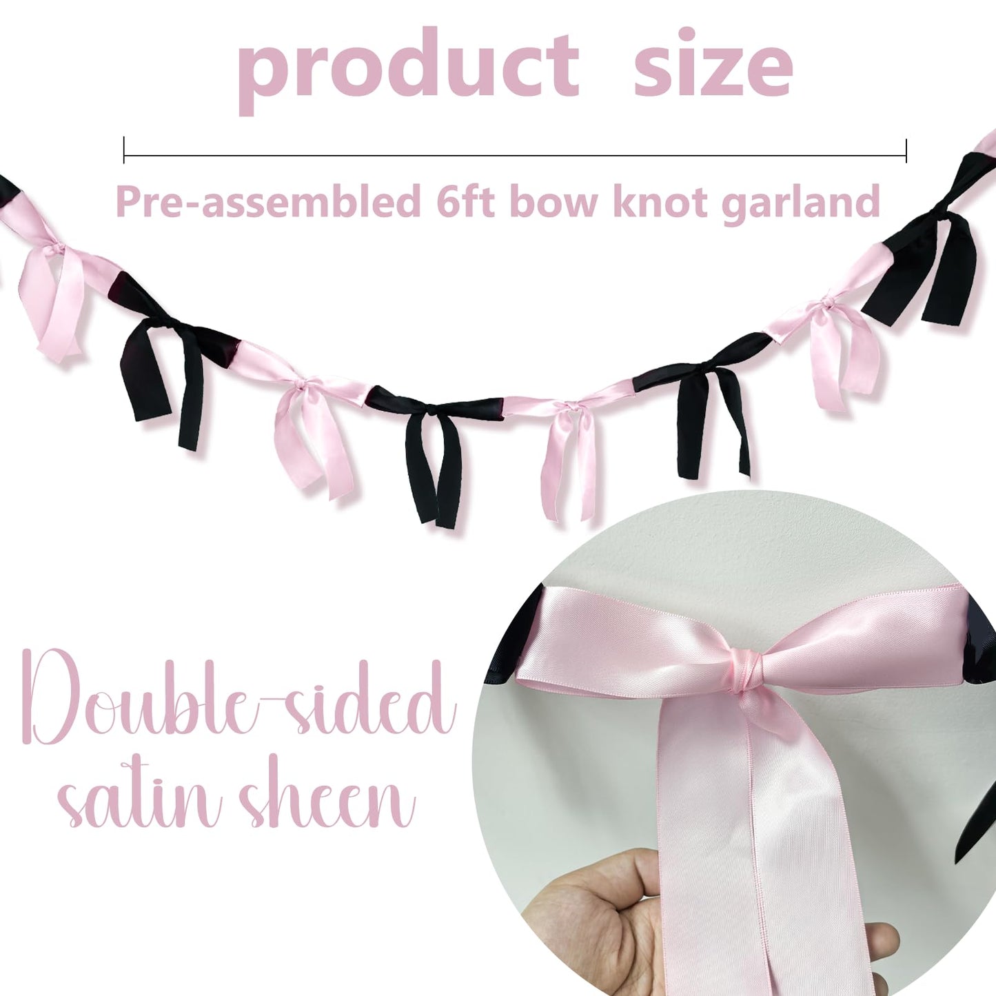 Eanjia Pink & Black Satin Bow Garland 6FT | Coquette & Cowgirl Birthday Banner, Pre-Tied Ribbon Bow Knot Decoration for Girls, Bridal Shower, Baby Room & Party Backdrop Decor