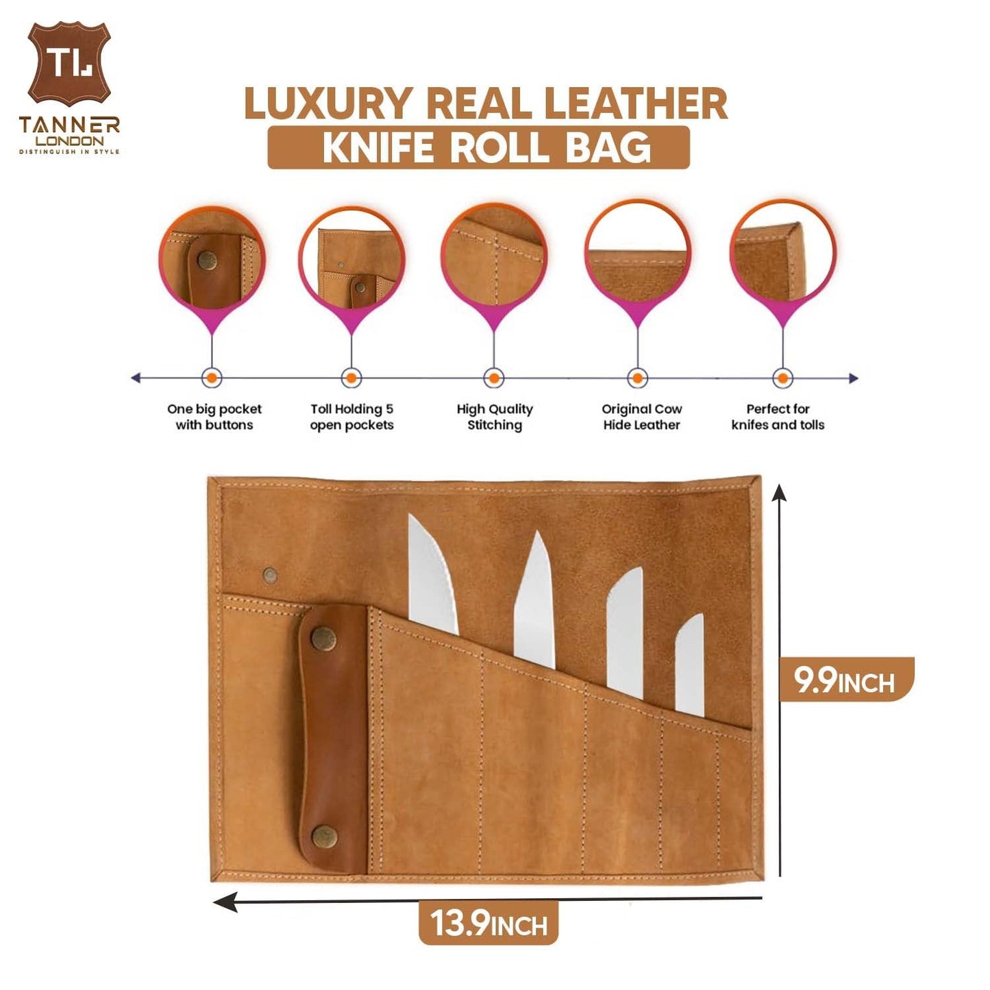TANNER LONDON Leather Roll Bag, Full Grain Cowhide Tool Organizer, 35.3 x 25.1 cm, Green and Tan, Multi-Purpose with 5 Slots for Knives and Tools (Tan)
