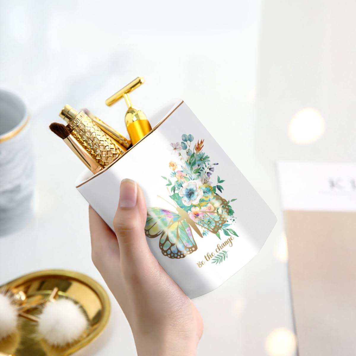 WAVEYU Pencil Pen Holder for Desk, Ceramic Cute Makeup Brush Holder, Desktop Supplies and Accessories for Women Students, Art Supply Caddy, Butterfly Pattern