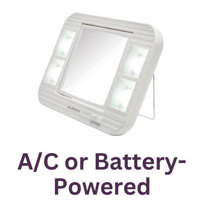 JERDON Two-Sided Makeup Mirror with Lights - Vanity Mirror with 5X Magnification & Two Setting Glare-Free Lighting - White Base - Model J1015