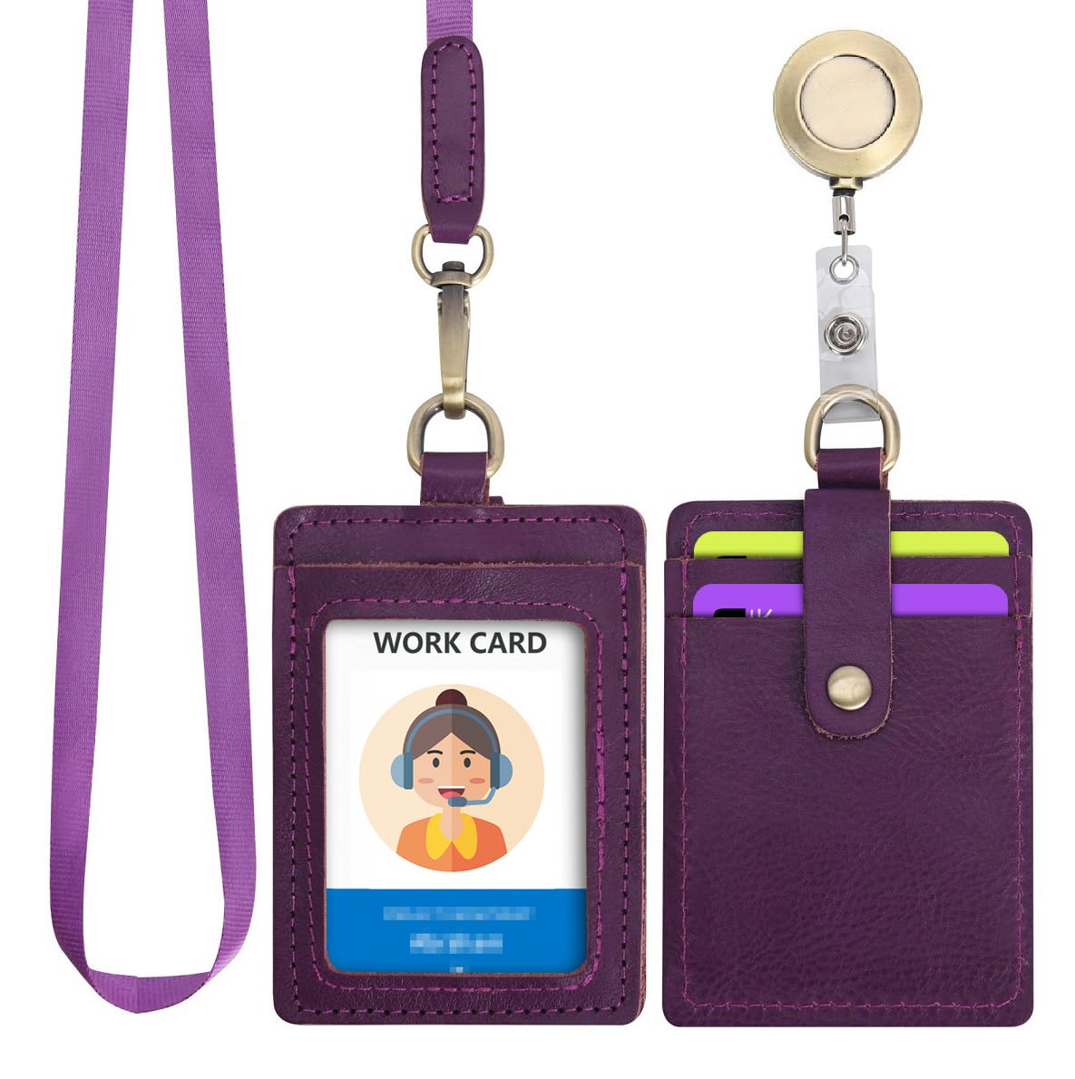 Wonderpool ID Badge Holder Genuine Leather Card Slots Case with Detachable Neck Lanyard and Retractable Badge Reel for Office School Hospital Exhibition ID & Driver Licence (Purple)