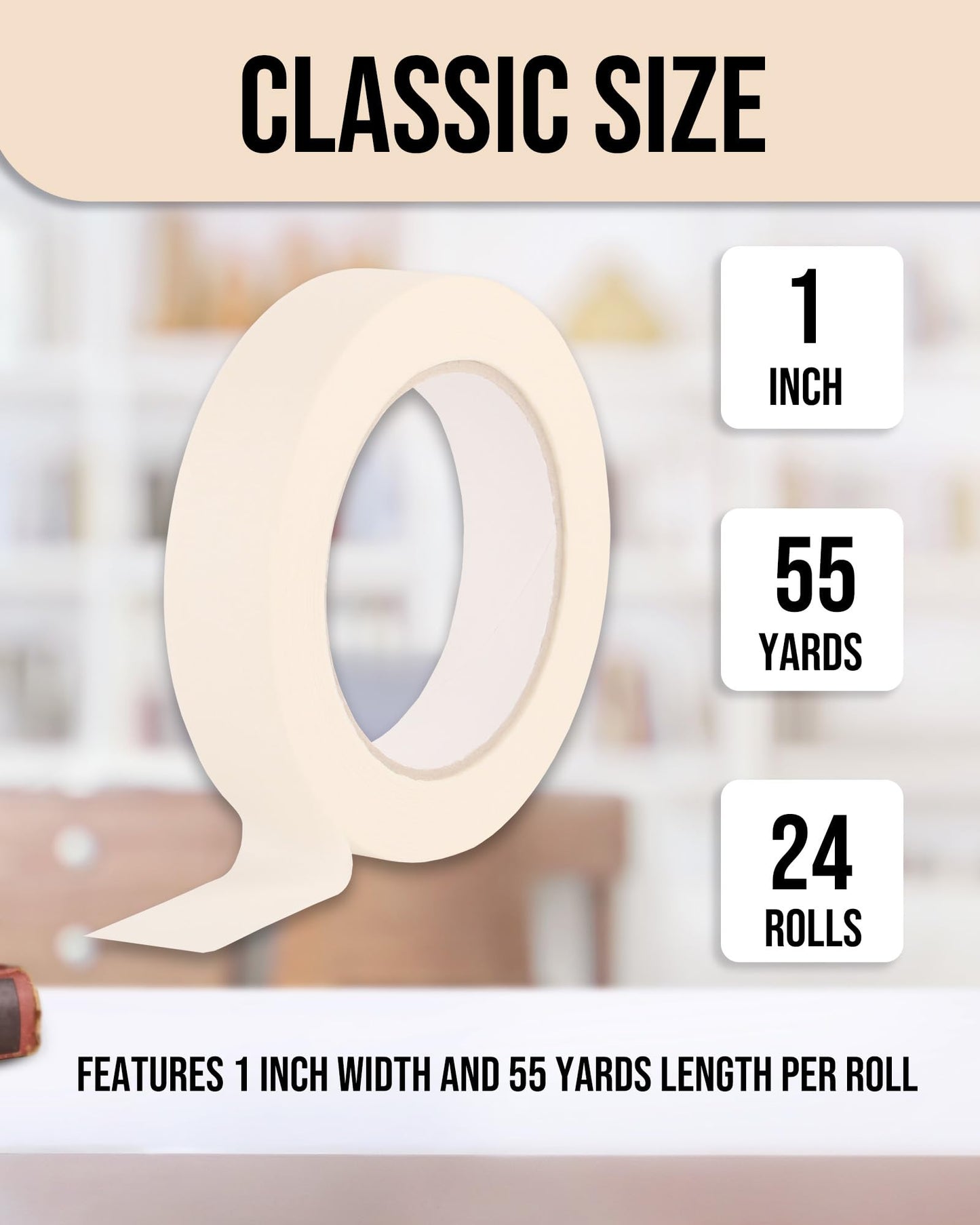 Lichamp Masking Tape 1 inch, 24 Pack General Purpose Beige White Masking Tape, 1 inch x 55 Yards x 24 Rolls (1320 Total Yards)