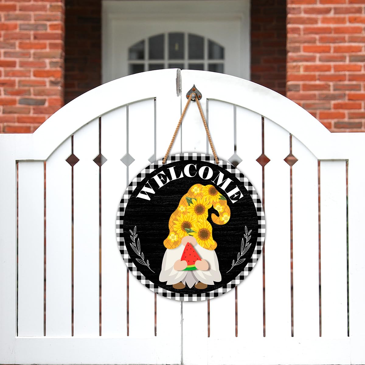 Interchangeable Gnome Welcome Sign Summer Patriotic 4th of July Porch Decor, Changeable Wood Gnomes Front Door Decoration Wreath Hanger for Spring Fall Winter All Seasons Holiday, Black Checkered