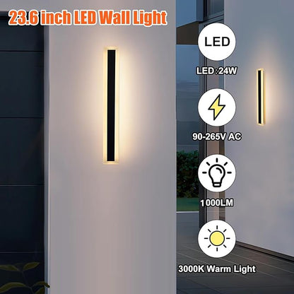 TooCust 2 Pack 23.6in Long Outdoor LED Wall Light, IP65 Waterproof, 24W Warm White 3000K, Narrow Strip Light, Long Wall Sconce for Garage, Wired Installation