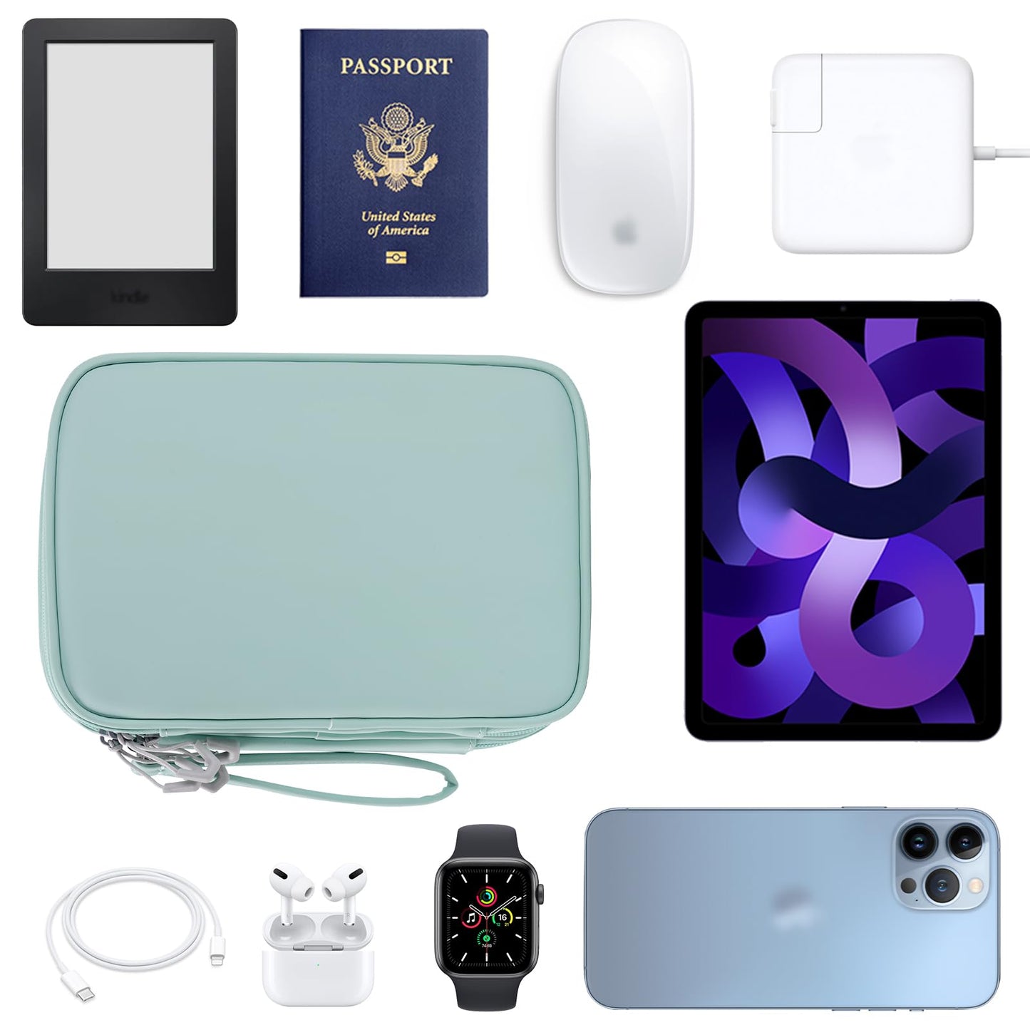 Bevegekos Tablet Accessories Case Bag, Travel Large Electronics Organizer for Chargers & Cords, Cables, 7.9 Inch Tablet, Airplane Essentials, 2 Layers (Mint Green)