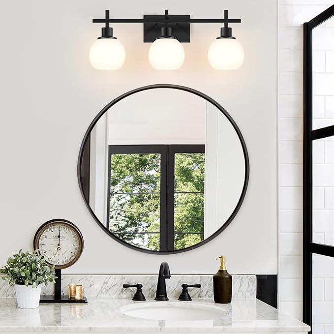 Modern Vanity Lighting Fixtures,3-Light Black Bathroom Lighting Fixtures Over Mirror，Bathroom Wall Mounted Vanity Light with Milky White Glass Lampshade for Living Room，Bedroom，Hallway