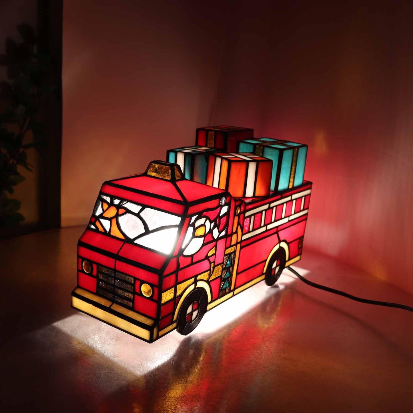 Bieye L12009 Tiffany Style Stained Glass Christmas Fire Truck Table Lamp with Santa, Reindeer, and Gifts, Handmade Holiday Decoration, 12" Wide