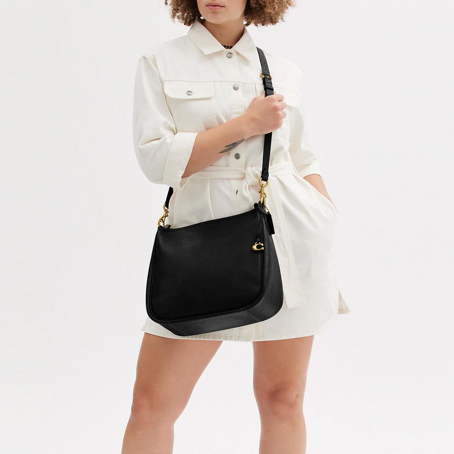 COACH Soft Pebble Leather Cary Shoulder Women’s Leather Bag - Zippered Closure - Exterior Back Pocket Black One Size One Size