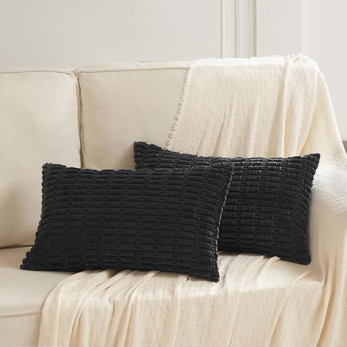Fancy Homi Black Decorative Throw Pillow Covers 12x20 Inch for Living Room Couch Bed Sofa, Rustic Farmhouse Boho Home Decor, Soft Striped Corduroy Square Cushion Case 30x50 cm