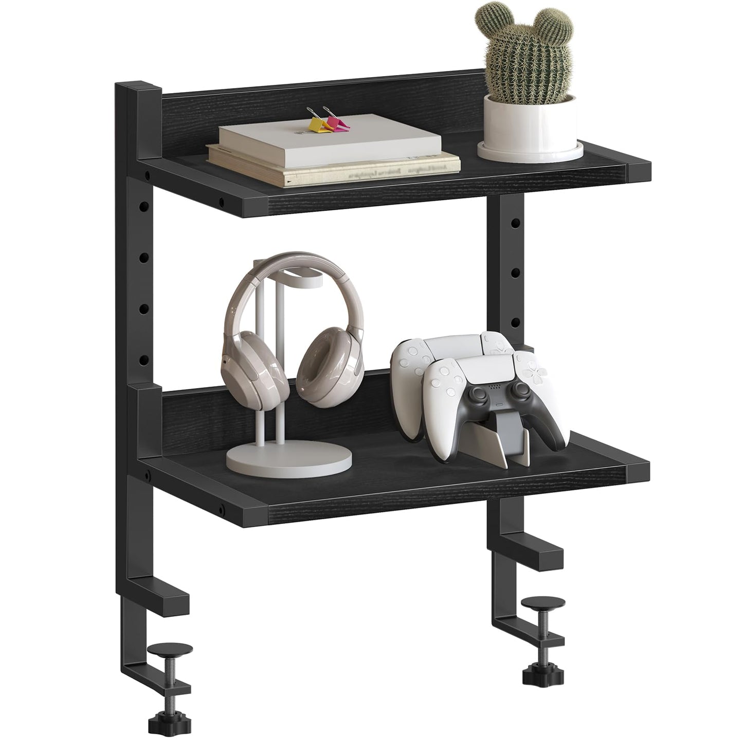 HOOBRO Clamp On Desk Shelf, 2-Tier Desktop Organizer, Space-Saving Desk Shelf with Adjustable Shelves, for Office, Study, Entertainment Accessories, Black BK32SJ01