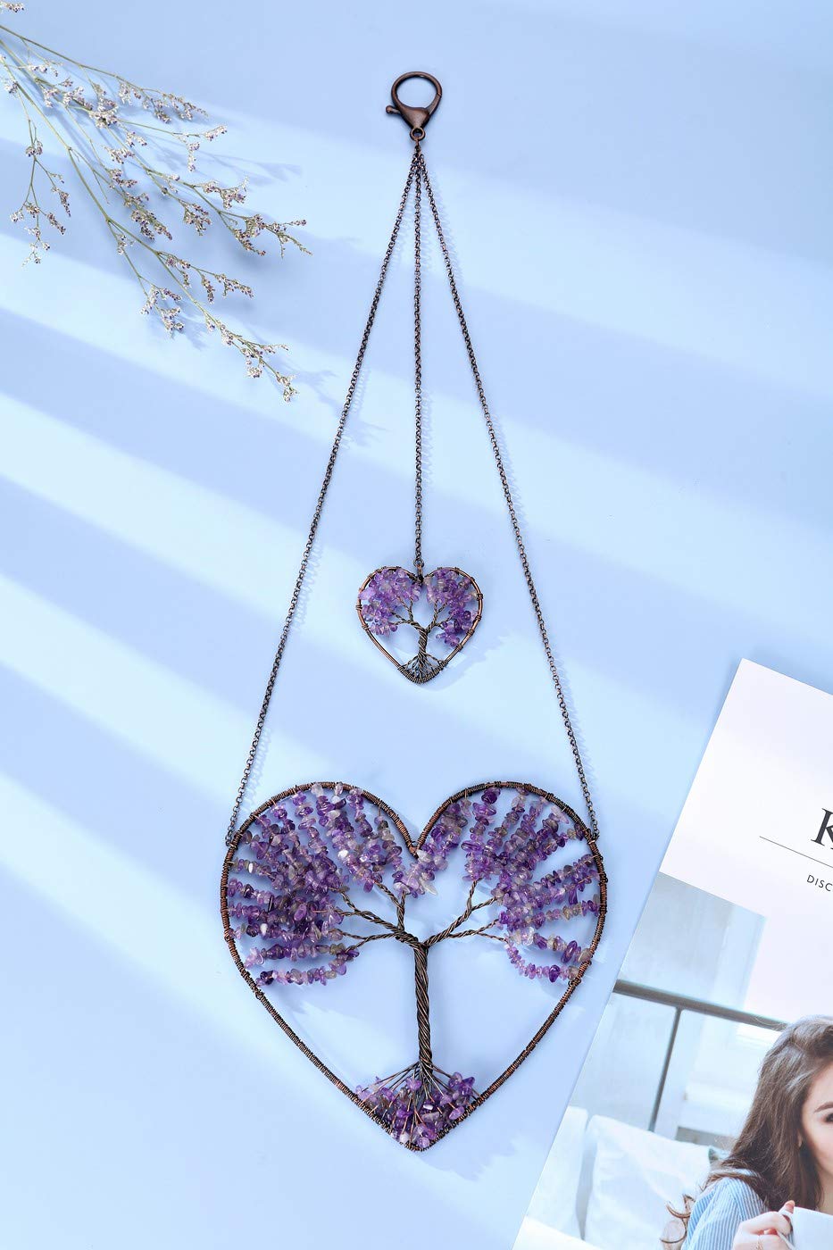 PESOENTH Amethyst Heart Life Tree Dream Catcher Hanging Ornament Bohemian Purple Double Hearts Life Tree Wall Art Window Car Hanging Decorations for Home Bedroom Decor