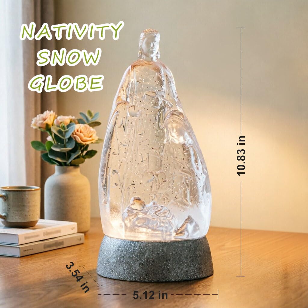 Nativity Snow Globe Holy Family Lighted Snowglobe Lantern with 6H Timer, Battery Operated Nativity Water Globe, White Nativity Scene Religious Decor Gift for Prayer Room, Church, Tabletop, Home Décor