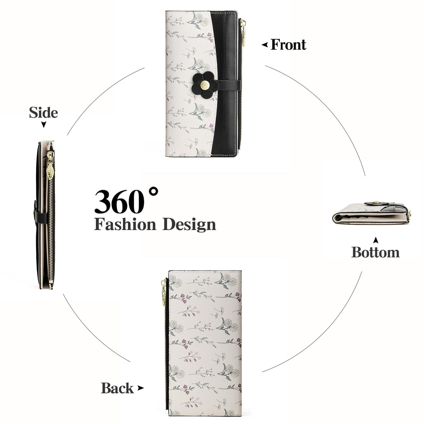 GAEKEAO Womens Wallet Slim Thin RFID Blocking Bifold Floral Vegan Leather Card Holder Large Capacity Wallet with Zipper Pocket