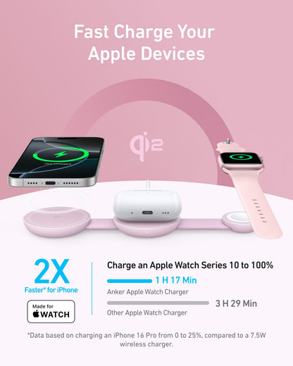 Anker MagSafe Compatible MagGo UFO 3-in-1 Charger, iPhone 17 Wireless Charging Station, 15W Qi2 Certified, Foldable Travel Charging Pad, for iPhone 17/16/15/14, AirPods, Apple Watch (Not a Power Bank)