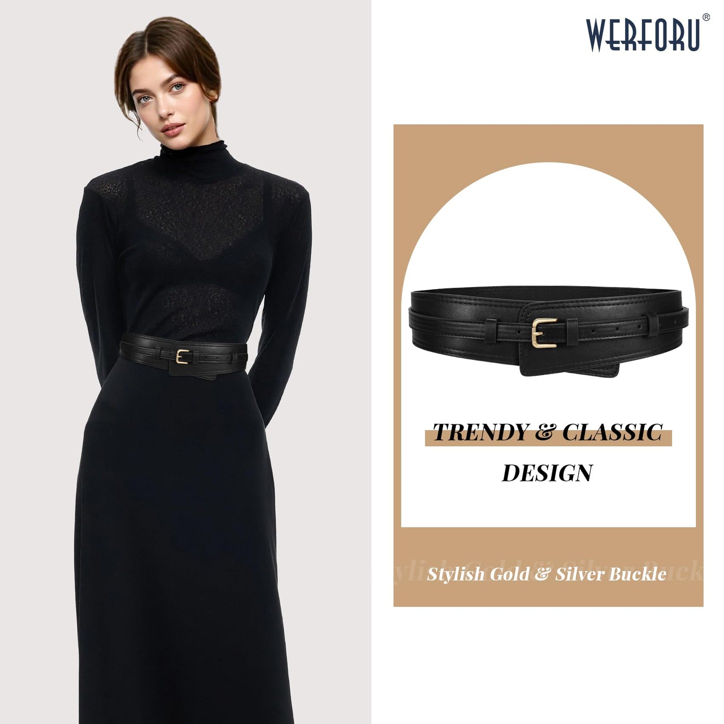 WERFORU Women Wide Waist Belts for Dress Women Fashion Wide Leather Belt 2-in-1 Waistband with Thin Belts for Dress, A-Black-gold buckle, Fit Waist Size 33"-38"