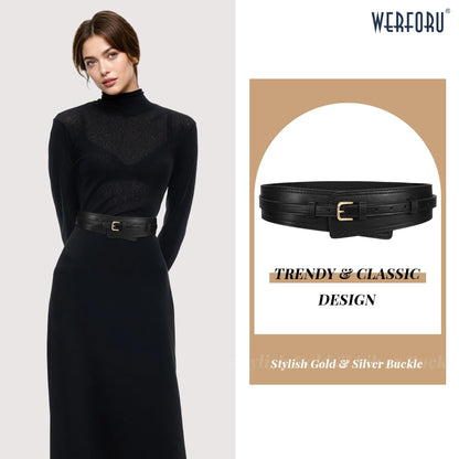 WERFORU Women Wide Waist Belts for Dress Women Fashion Wide Leather Belt 2-in-1 Waistband with Thin Belts for Dress, A-Black-gold buckle, Fit Waist Size 33"-38"