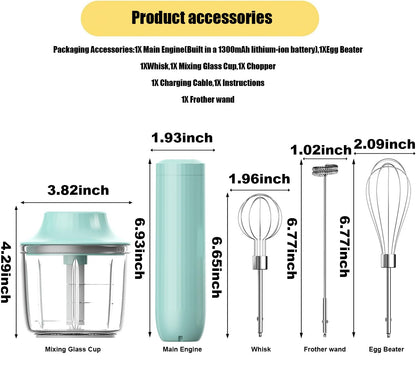 4-in-1 Electric Hand Mixer, Electric Whisk, Mini Onion Chopper 10Oz, Small Cordless Hand Blender, Milk Frother Wand for Coffee, Matcha, 4 Speed Rechargeable Food Processor for Baby Food Maker