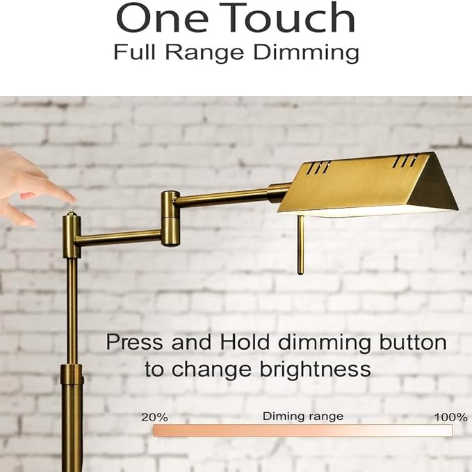 O’Bright Dimmable LED Pharmacy Floor Lamp, 12W LED, Full Range Dimming, 360 Degree Swing Arms, Adjustable Heights, Standing Lamp for Reading, Sewing, and Craft, ETL Listed, Antique Brass (Gold)