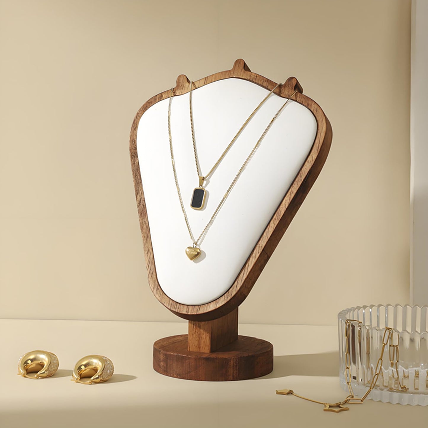 SWTOOL Walnut Color Body Wood Necklace Display Stand with White Leather Soft Mat Necklace Holder Organizer Desktop Stand for Home Store Dresser-3.3"x5.8"x8.4"