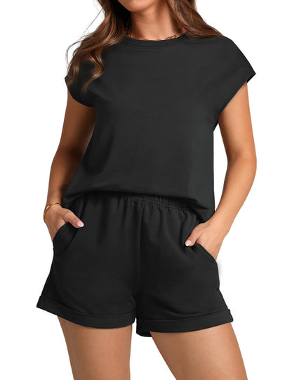 WIHOLL Lounge Sets for Women 2 Piece Summer Clothes Cap Sleeve Tops Track Suits Travel Outfit for Airplane Beach Vacation Clothes Spring Break Fashion 2025 Black 2XL