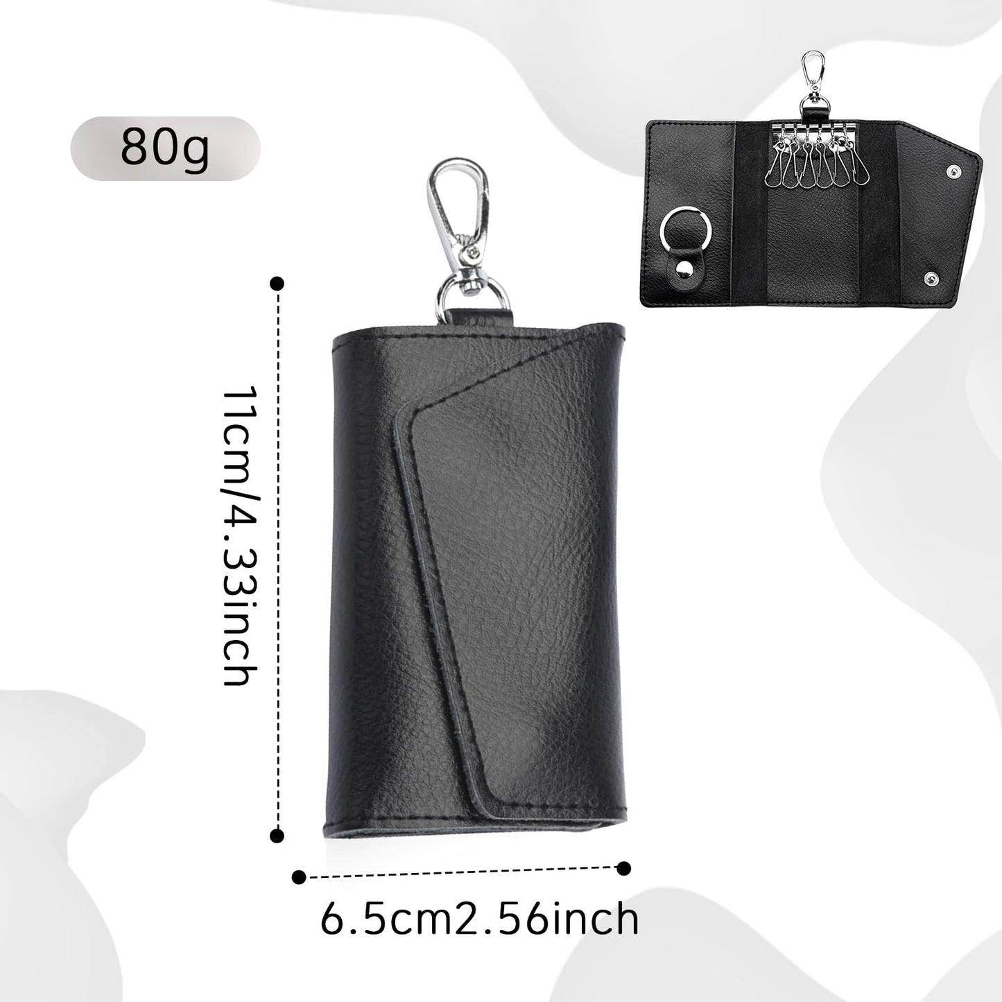 KyeeaDIY Leather Key Case Wallet, Keychain Key Holder with 6 Hanging Buckle Hooks Snap Unisex Coin Pouch Card Holder (Black)